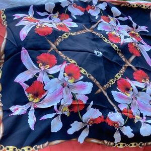 Pollini Italy Silk Carre floral Orchid Equestrian square scarf large red black